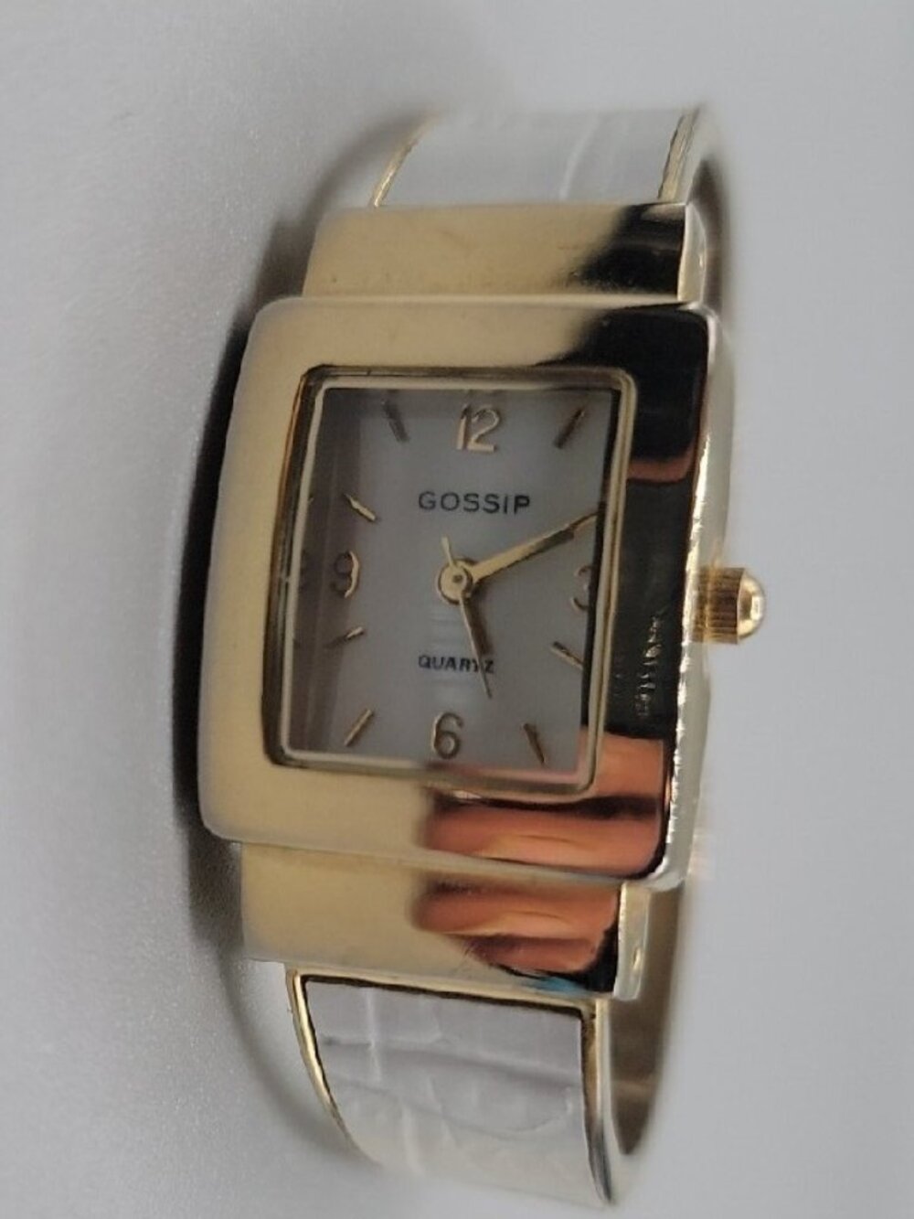 Vintage Gossip Ladies Fashion Watch Open Cuff White & Gold Tone Band 7" Max